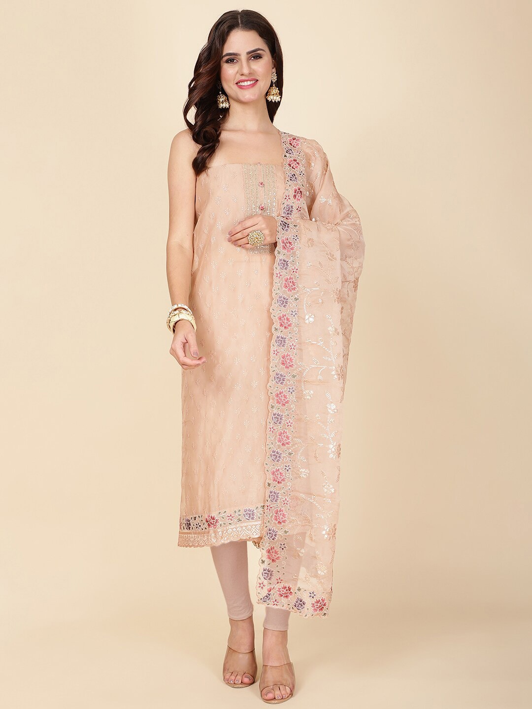 

Meena Bazaar Embroidered Organza Unstitched Dress Material, Peach