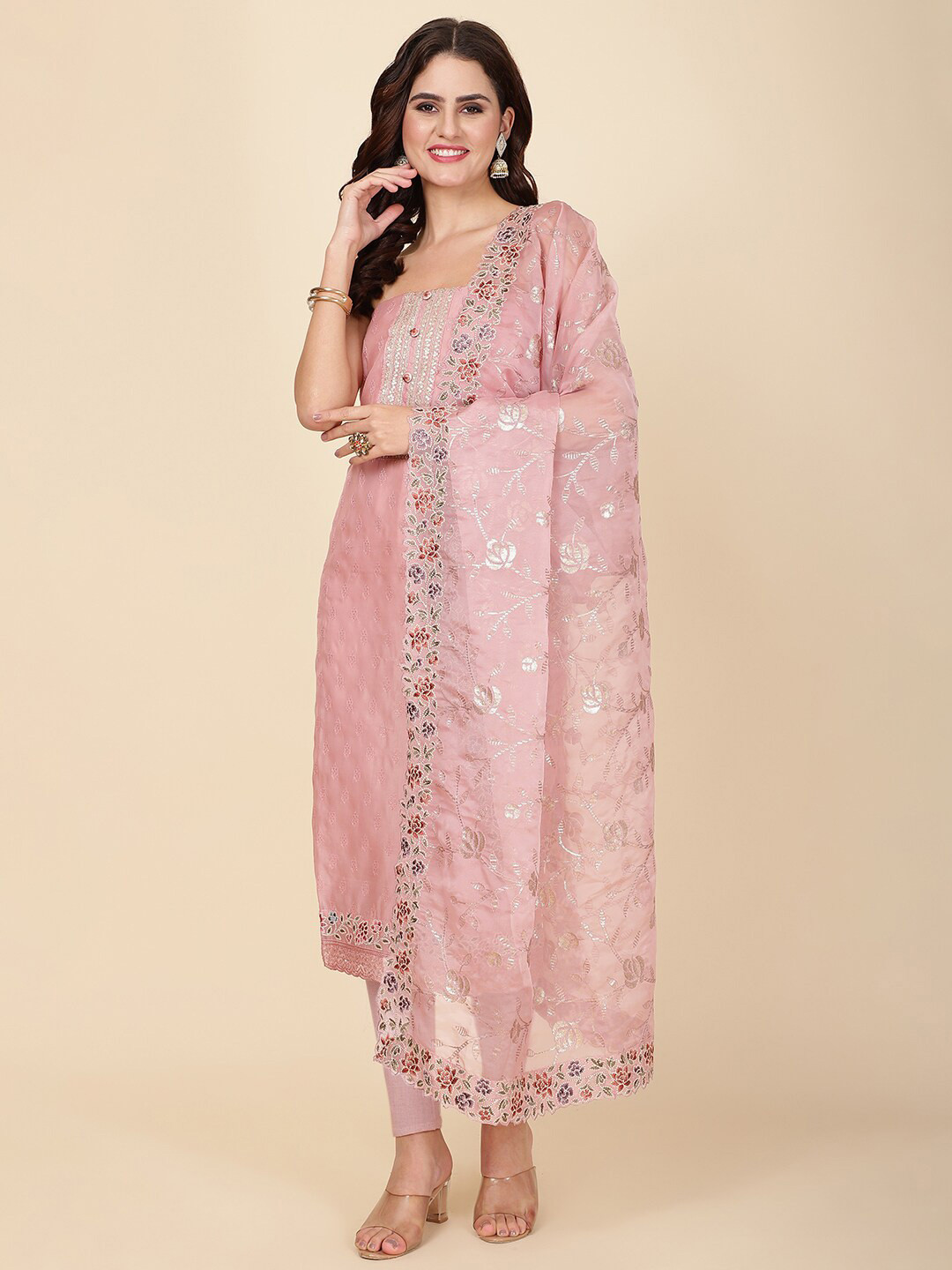 

Meena Bazaar Embroidered Organza Unstitched Dress Material, Pink