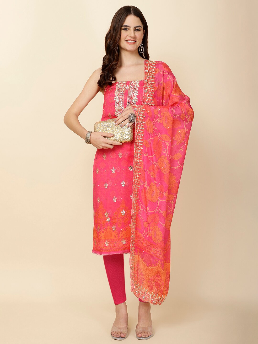 

Meena Bazaar Printed Organza Unstitched Dress Material, Pink