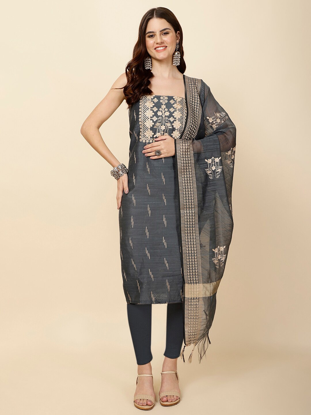 

Meena Bazaar Embroidered Art Silk Unstitched Dress Material, Grey
