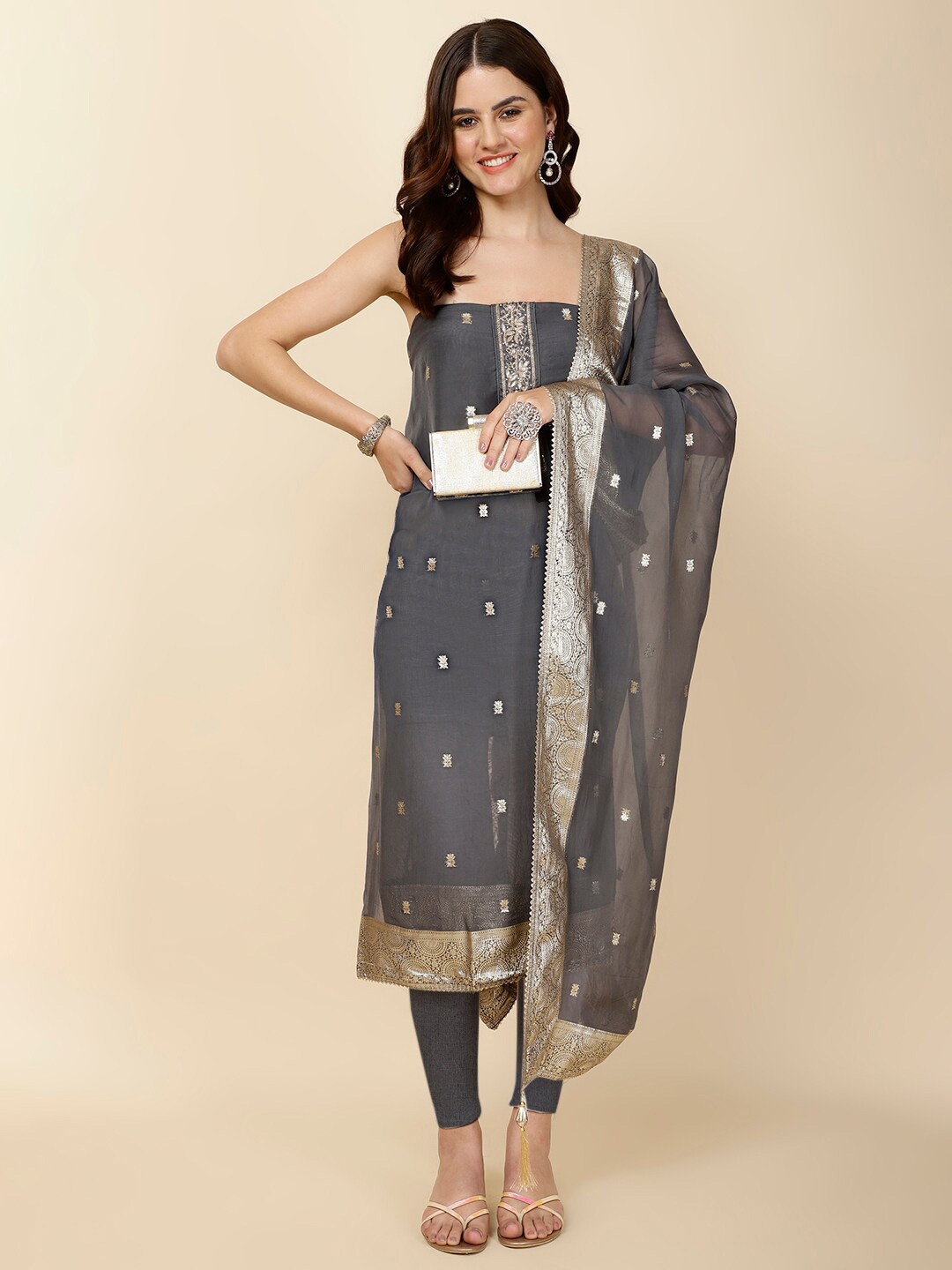 

Meena Bazaar Organza Unstitched Dress Material, Grey