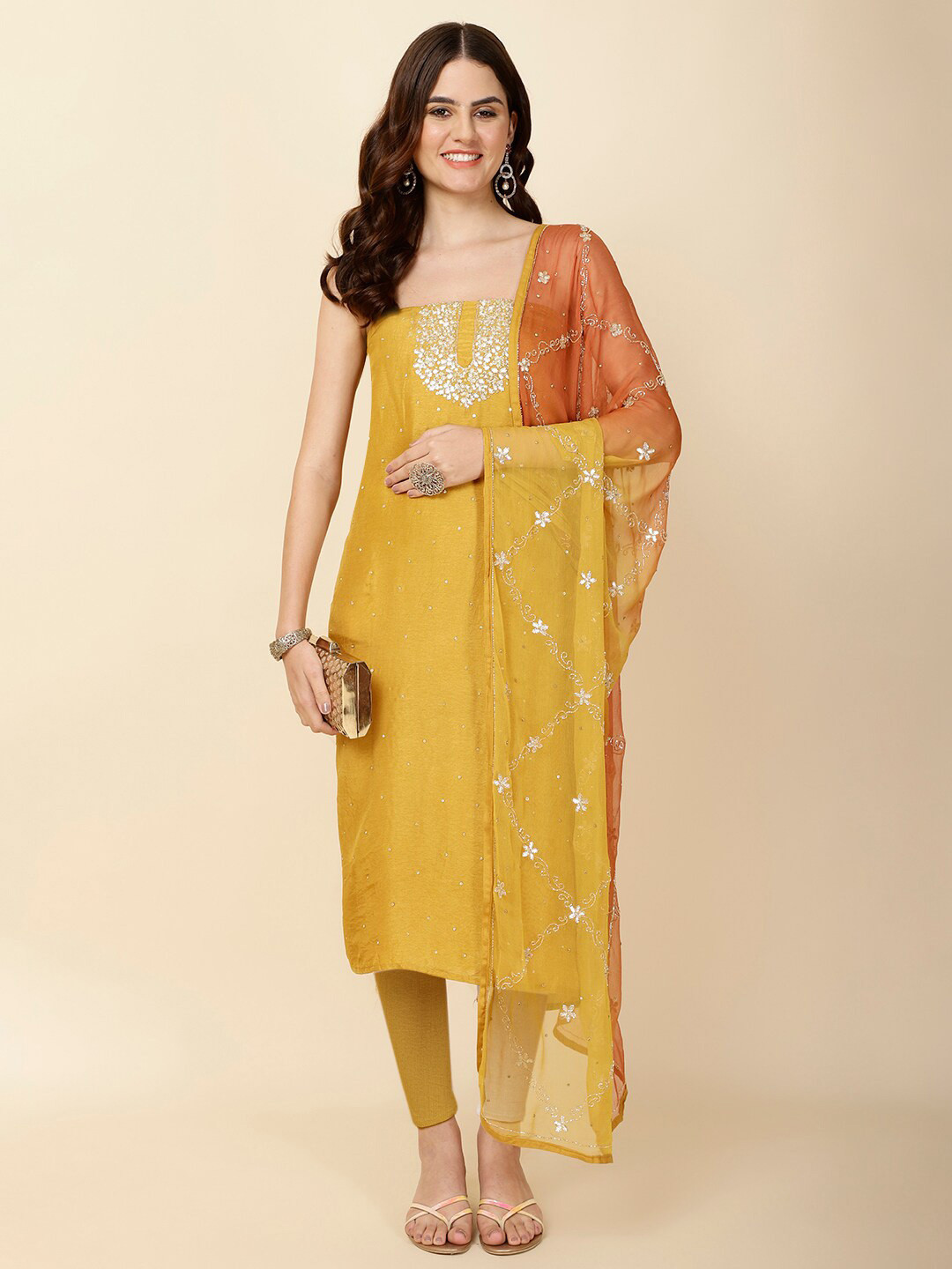 

Meena Bazaar Embellished Art Silk Unstitched Dress Material, Mustard