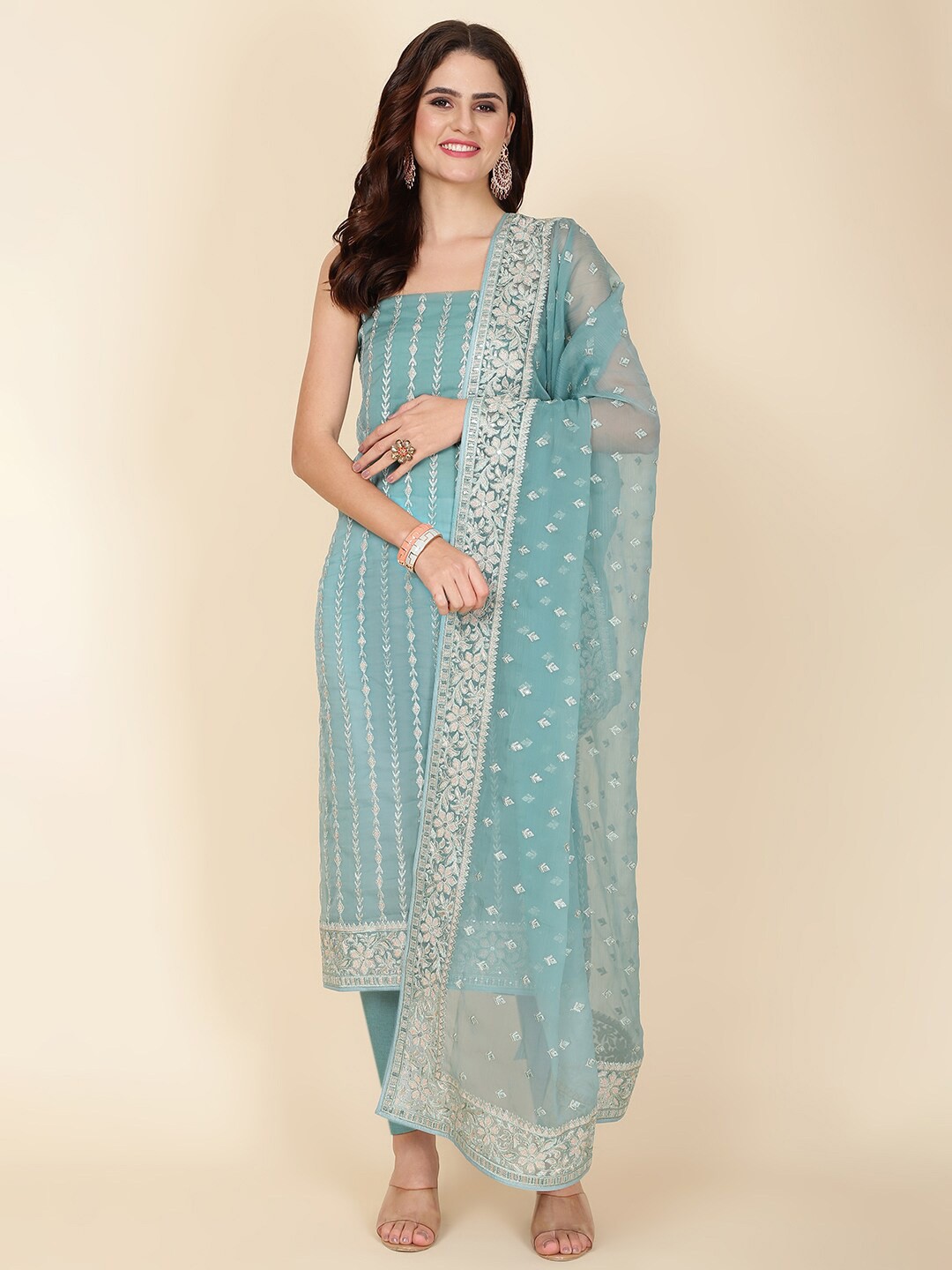 

Meena Bazaar Embroidered Unstitched Dress Material, Sea green