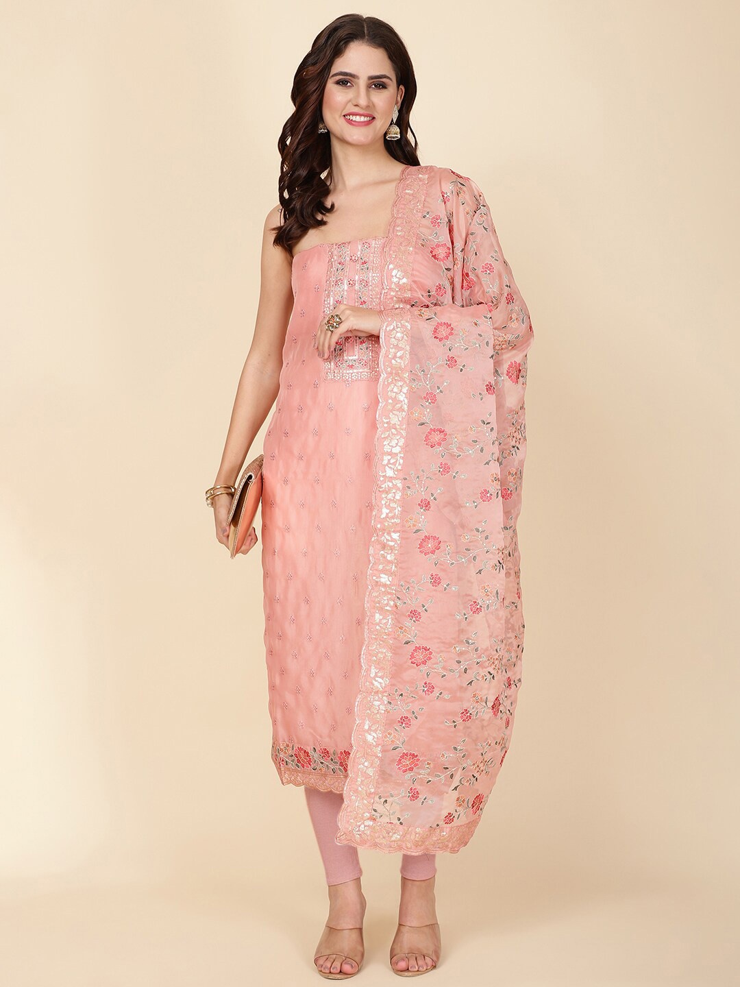 

Meena Bazaar Embroidered Organza Unstitched Dress Material, Pink