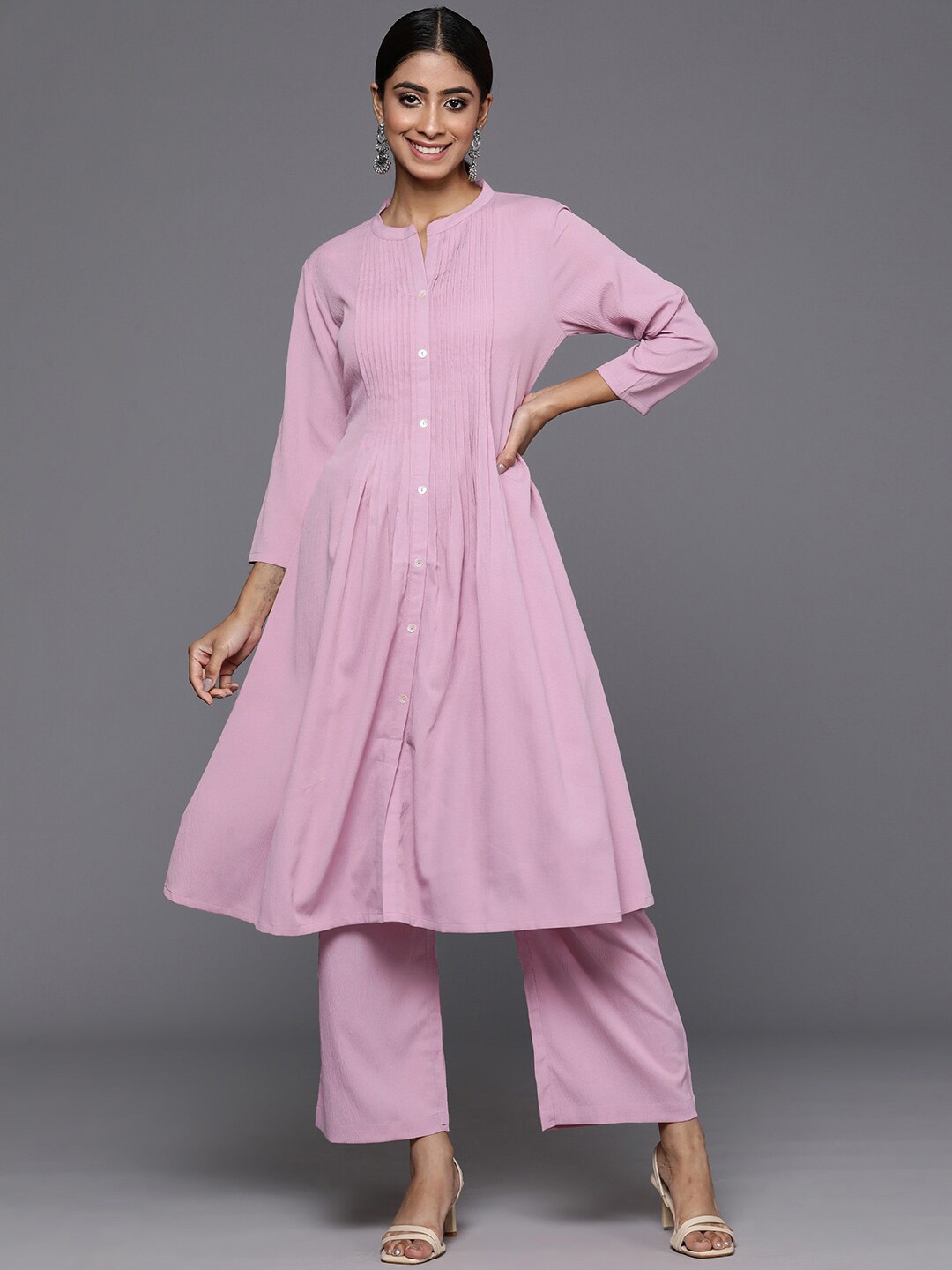 

Varanga Textured Yoke Design Mandarin Collar A-Line Kurta With Trouser, Lavender