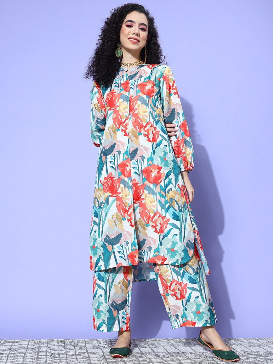 

Varanga Printed A-Line Kurta With Trousers Set, Blue