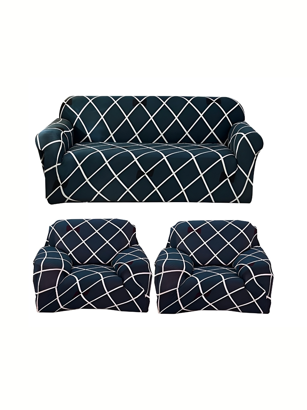 

Furshine Blue & White Checked Polyester 3 Piece Sofa Cover With Arms