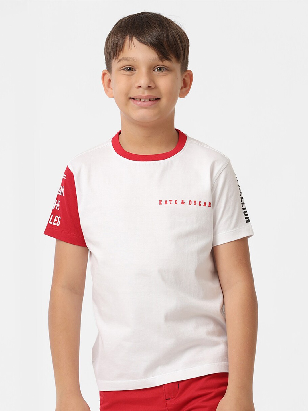 KATE & OSCAR Boys Typography Printed Cotton T-shirt, White
