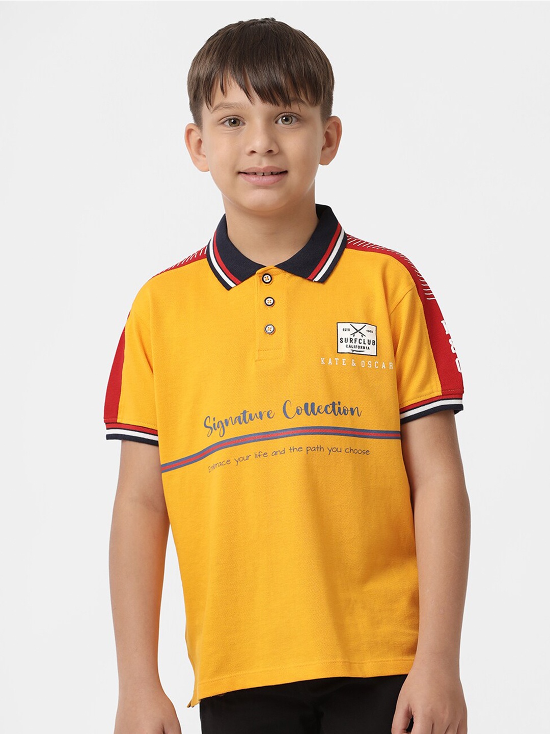 

KATE & OSCAR Boys Typography Printed Polo Collar Cotton T-shirt, Yellow