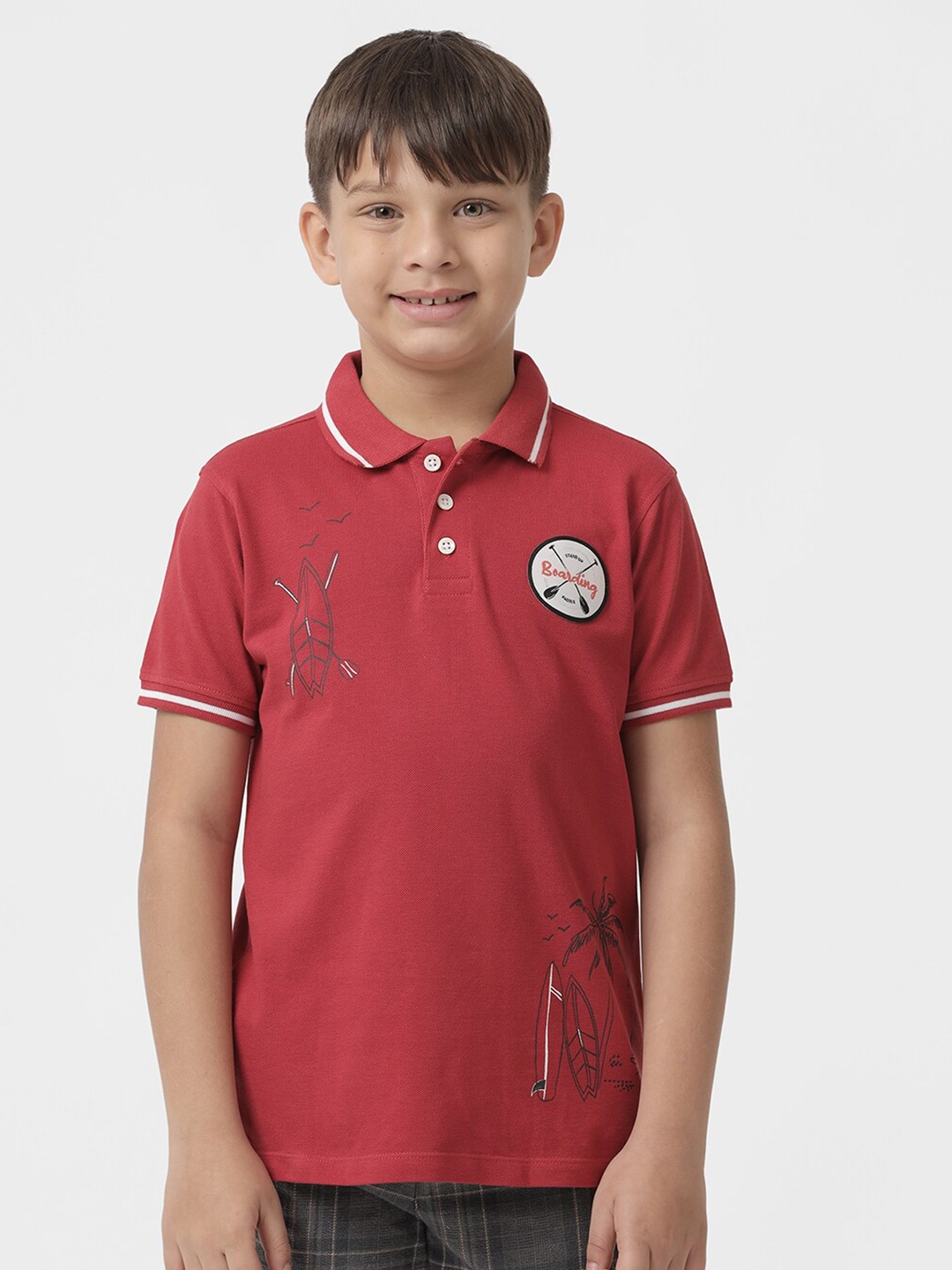 

KATE & OSCAR Boys Graphic Printed Polo Collar Cotton T-shirt, Rust