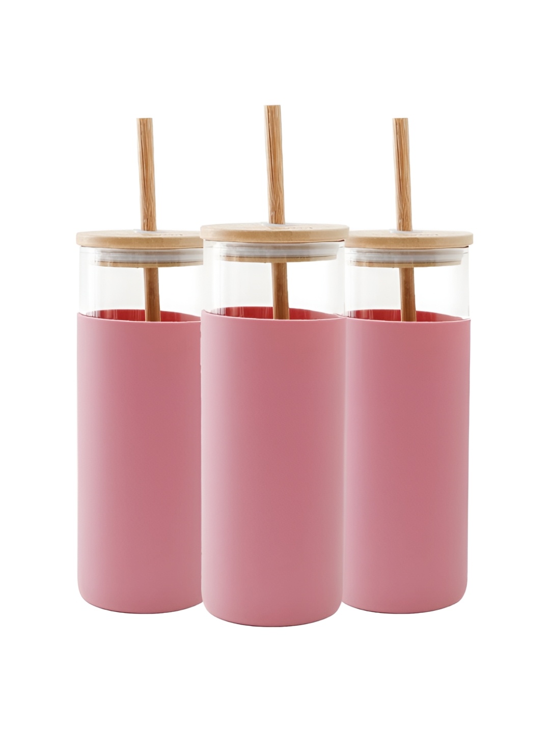 

The Better Home Pink 3 Pieces Glass Tumbler With Lid And Straw 450 ml Each