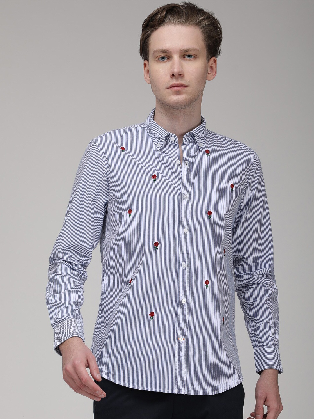 

BARE BROWN Slim Fit Striped Button-Down Collar Long Sleeves Cotton Casual Shirt, Blue