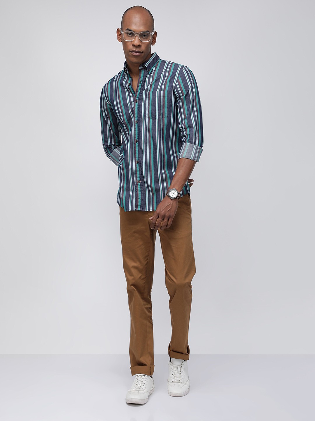 

BARE BROWN Slim Fit Button-Down Collar Long Sleeves Cotton Casual Shirt, Navy blue
