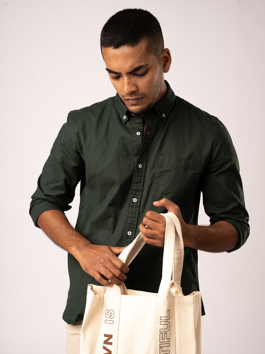 

BARE BROWN Slim Fit Button-Down Collar Cotton Casual Shirt, Green
