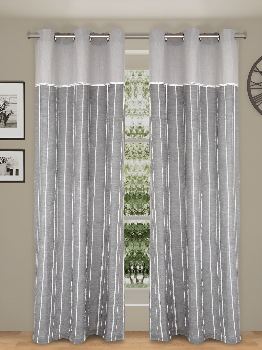 

Aura Grey & White Set of 2 Striped Long Door Curtain