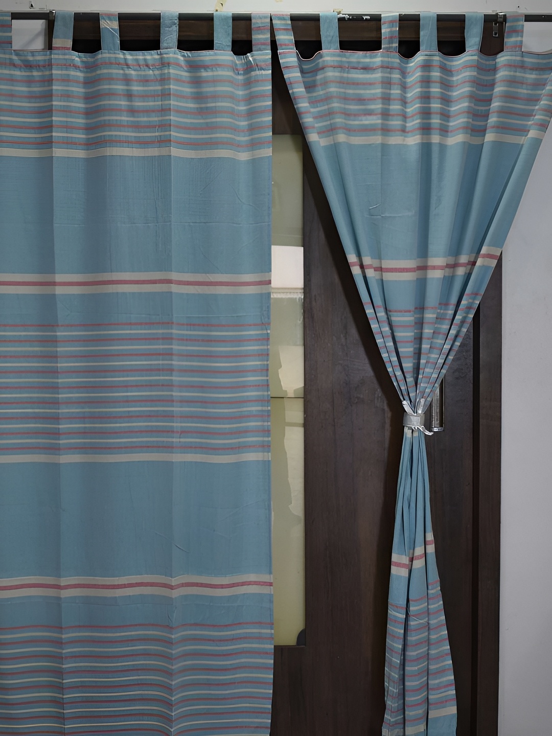 

Aura Turquoise Blue & Red Set of 2 Striped Long Door Curtain