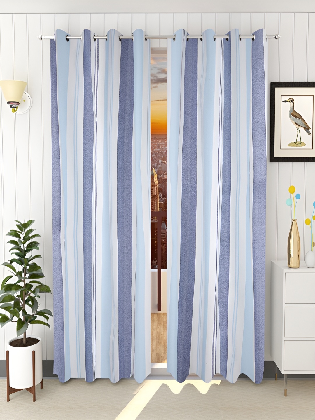 

Aura Blue & White Set of 2 Striped Long Door Curtain