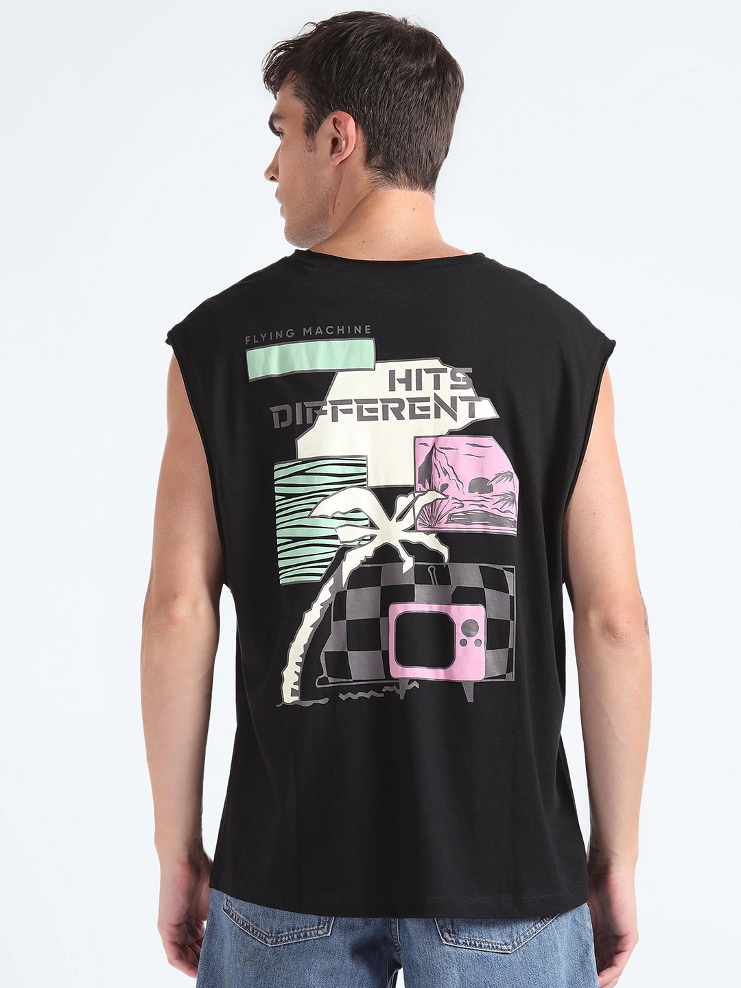 

Flying Machine Graphic Printed Round Neck Pure Cotton T-shirt, Black
