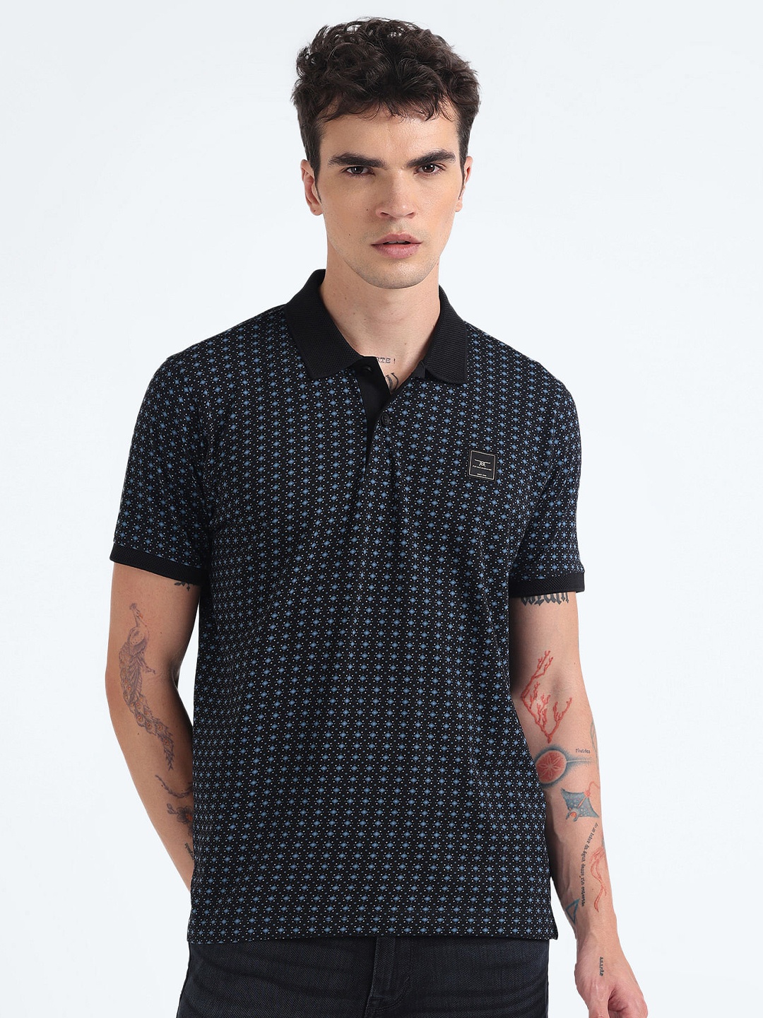 

Flying Machine Geometric Printed Polo Collar Pure Cotton T-shirt, Black