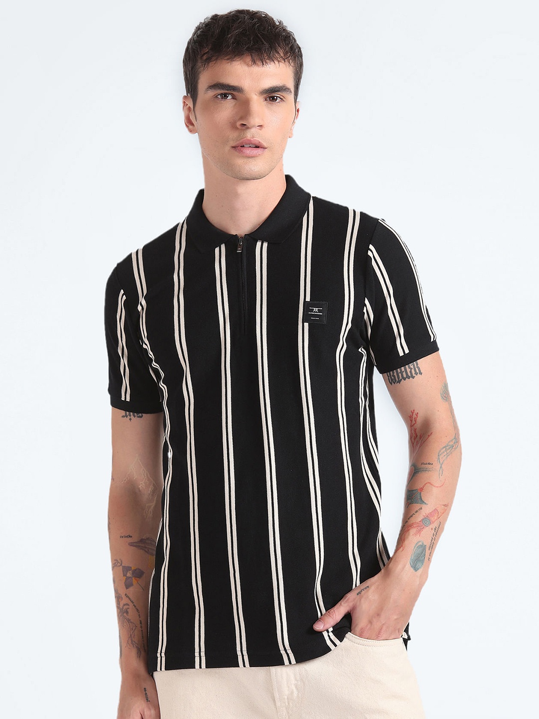 

Flying Machine Striped Polo Collar Pure Cotton T-shirt, Black