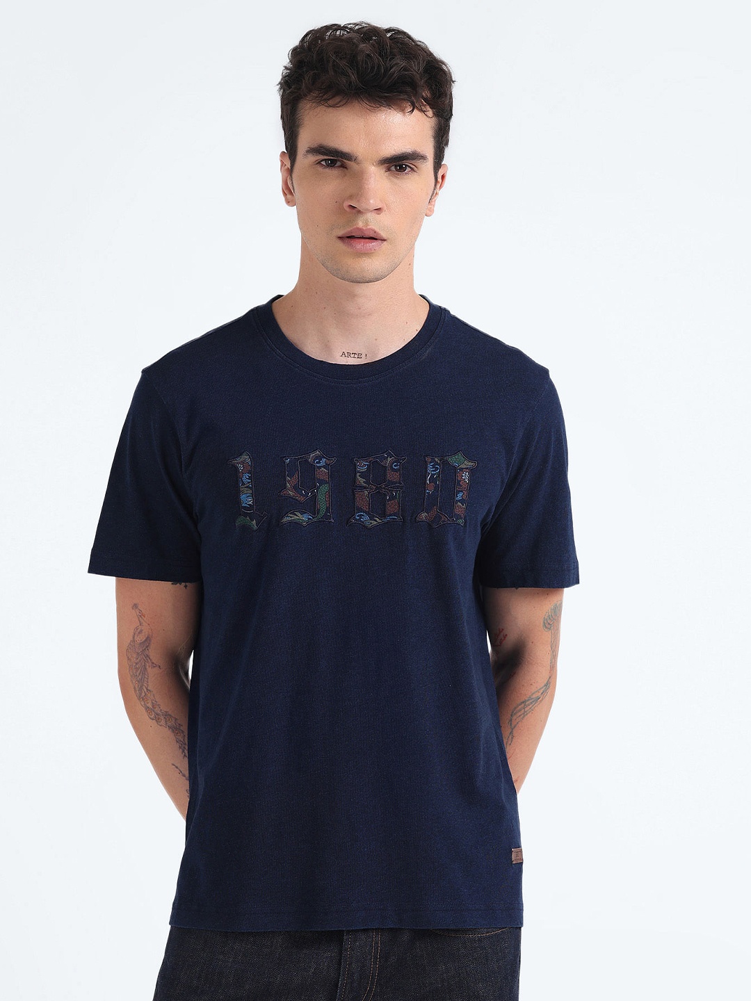 

Flying Machine Round Neck Pure Cotton Casual T-shirt, Navy blue
