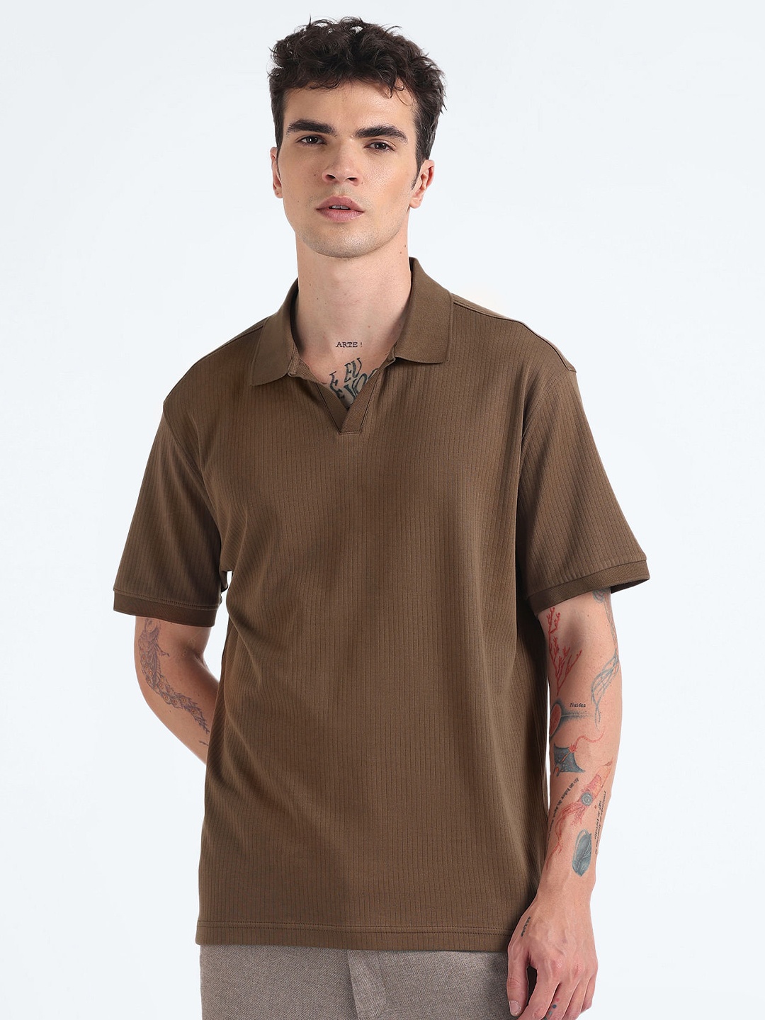 

Flying Machine Relaxed Fit Polo Collar Pure Cotton T-shirt, Brown