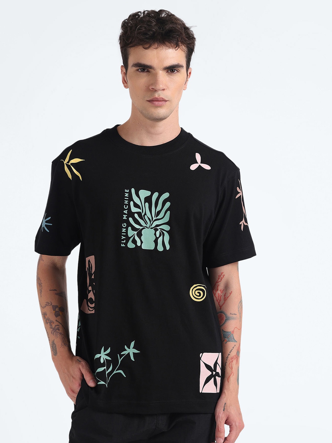 

Flying Machine Floral Printed Round Neck Pure Cotton Oversized T-shirt, Black