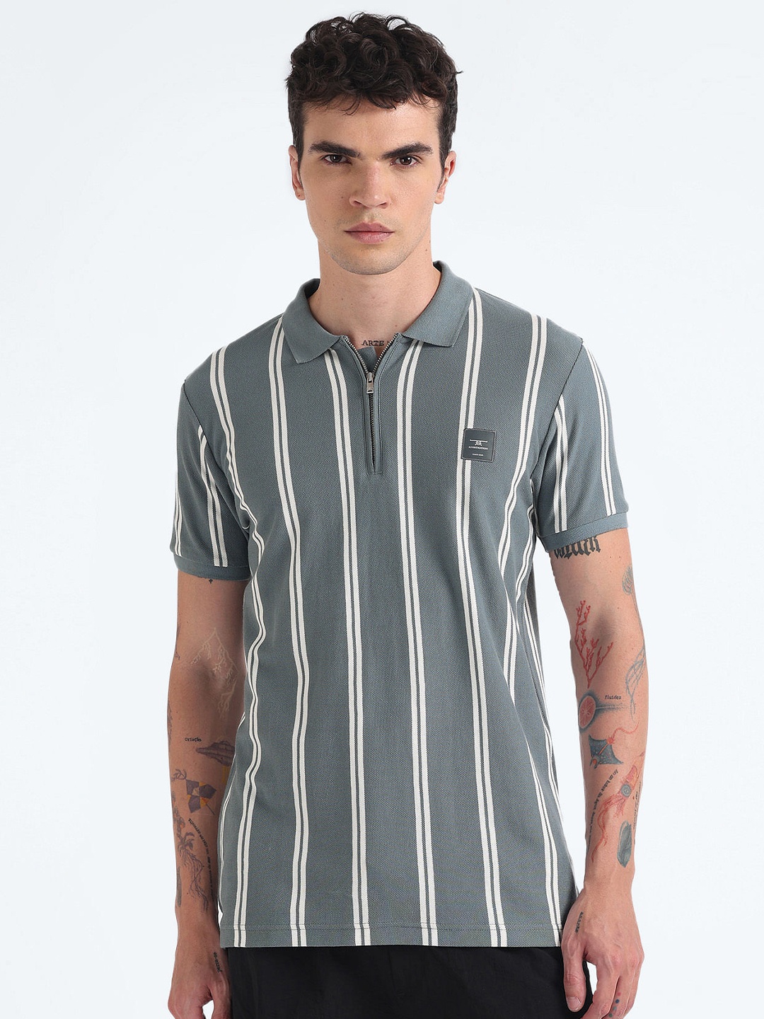 

Flying Machine Striped Polo Collar Pure Cotton T-shirt, Grey