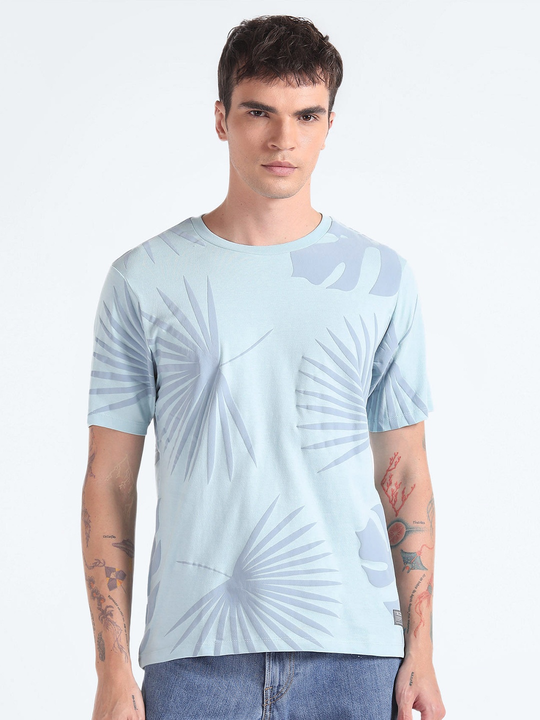 Flying Machine Tropical Printed Round Neck Pure Cotton T-shirt, Blue