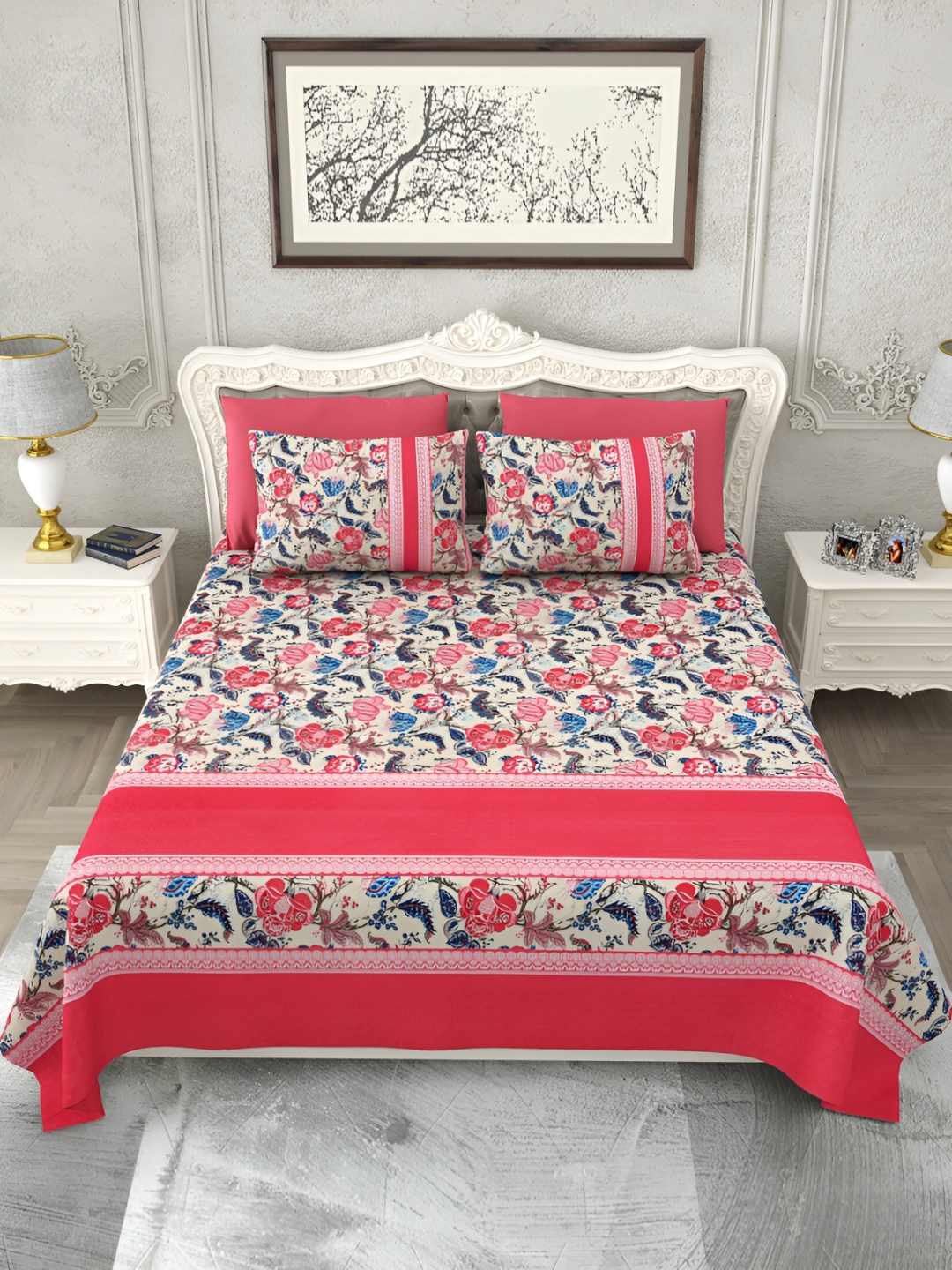 

Rajasthan Decor Beige & Blue Floral 180 TC King Bedsheet with 2 Pillow Covers