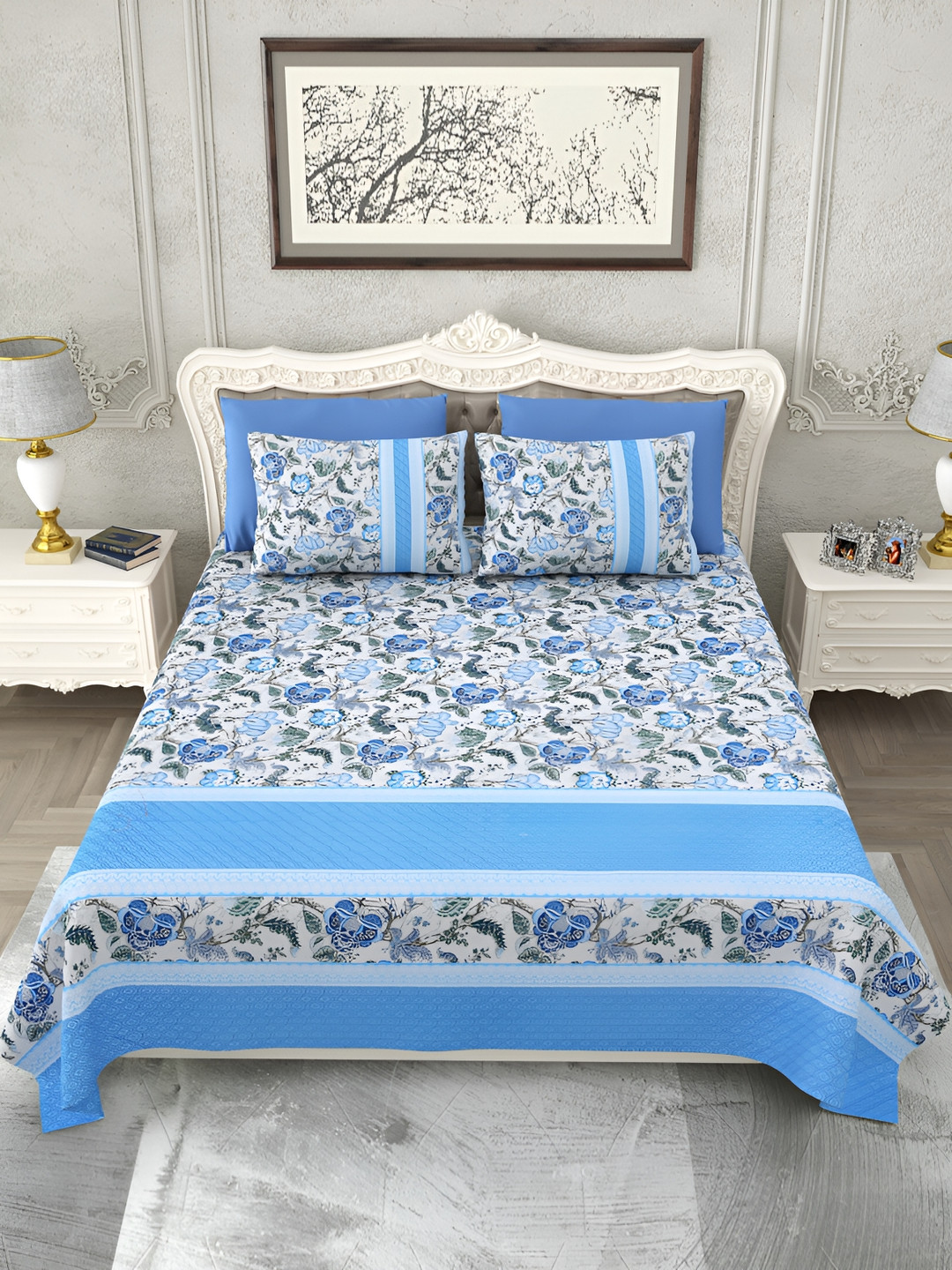 

Rajasthan Decor Grey & Blue Floral 180 TC King Bedsheet with 2 Pillow Covers