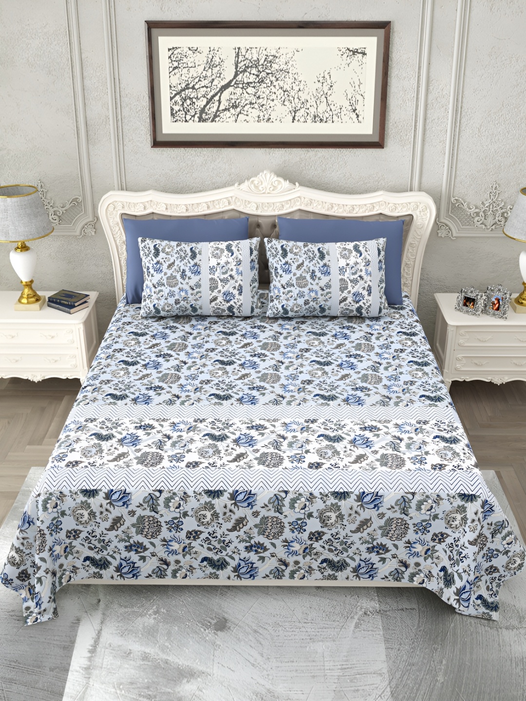 

Rajasthan Decor Grey & Blue Floral 180 TC King Bedsheet with 2 Pillow Covers