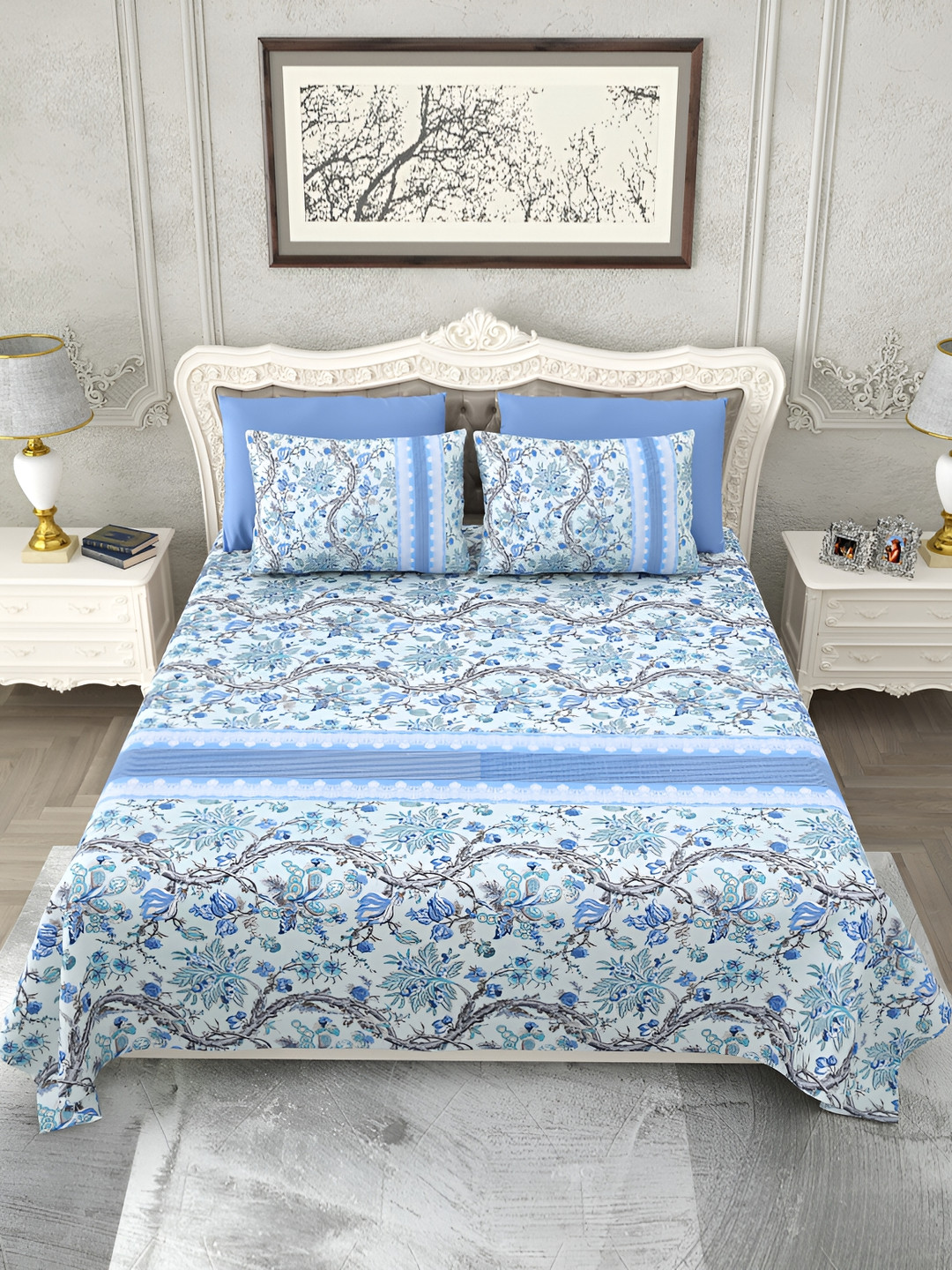 

Rajasthan Decor Green & Blue Floral 180 TC King Bedsheet with 2 Pillow Covers
