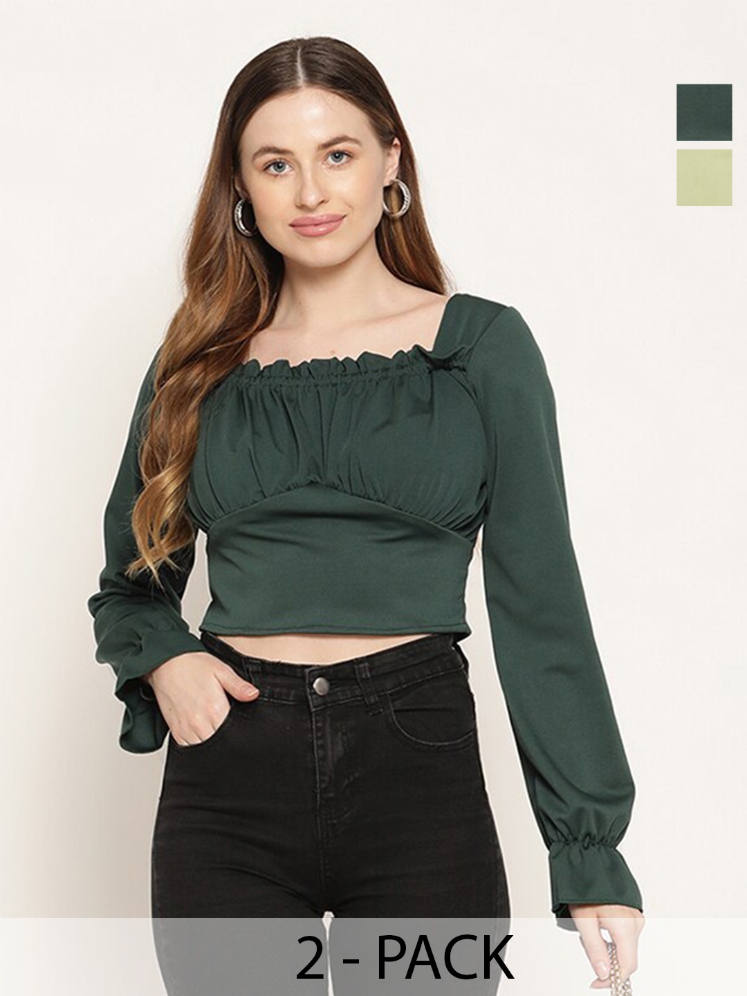 

Miaz Lifestyle Pack Of 2 Square Neck Puff Sleeves Gathered Crop Tops, Green