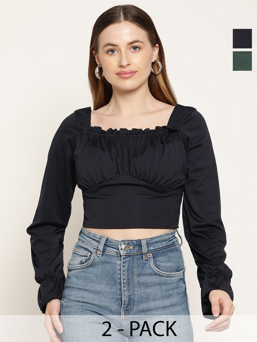 

Miaz Lifestyle Pack Of 2 Square Neck Puff Sleeves Gathered Crop Tops, Green