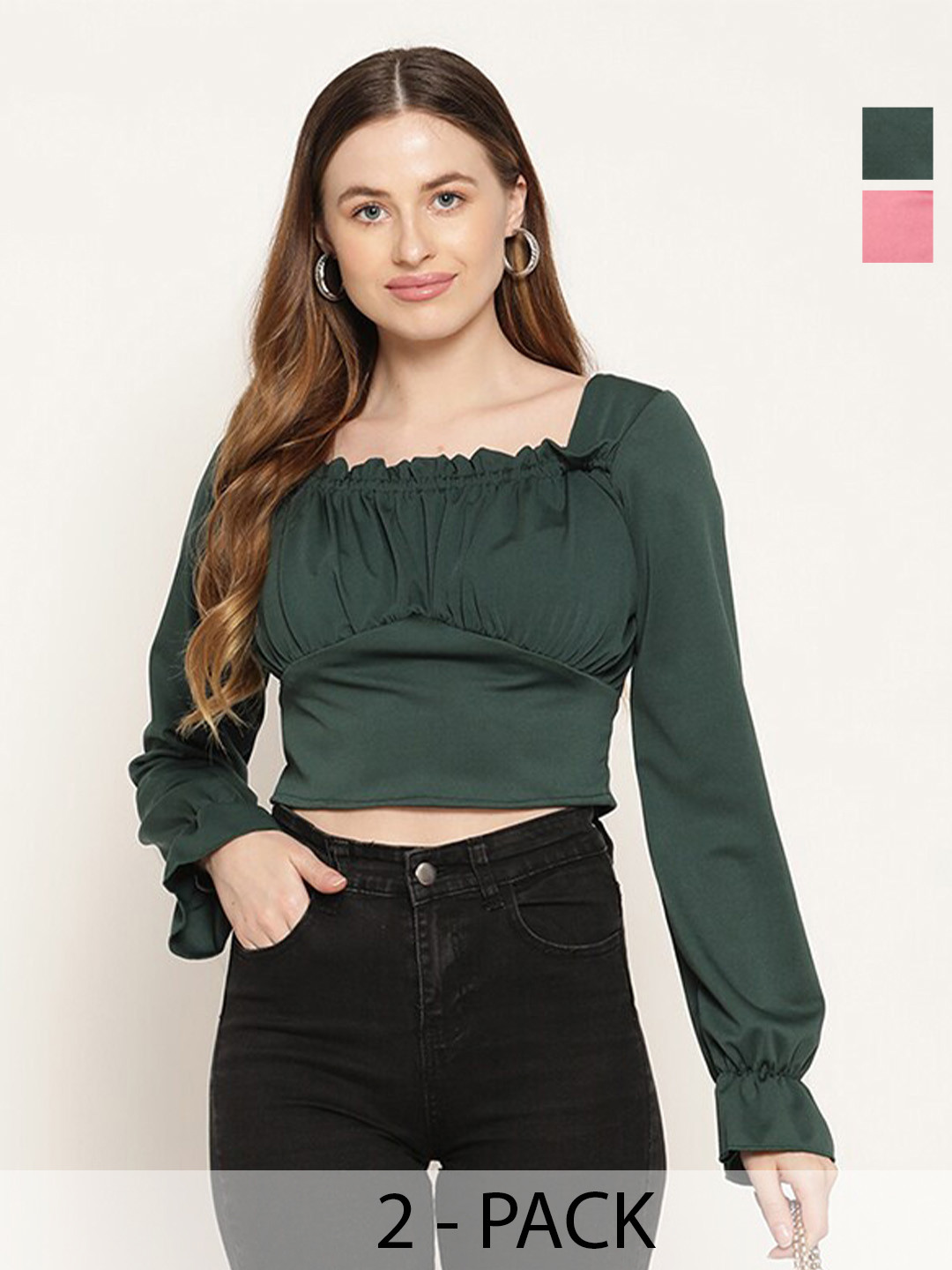 

Miaz Lifestyle Pack Of 2 Puff Sleeve Square Neck Crop Top, Green