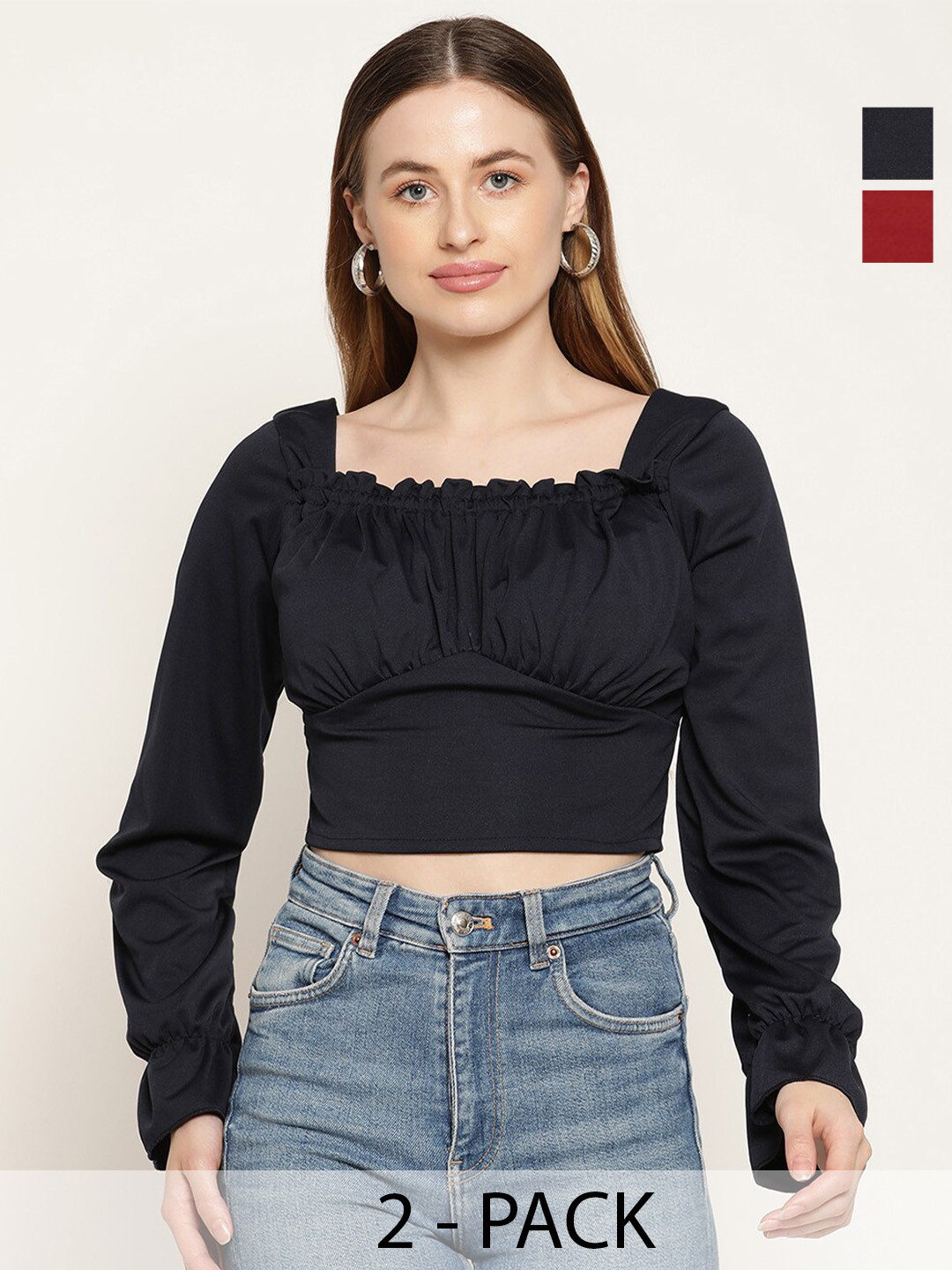 

Miaz Lifestyle Pack Of 2 Square Neck Puff Sleeves Gathered Crop Tops, Maroon