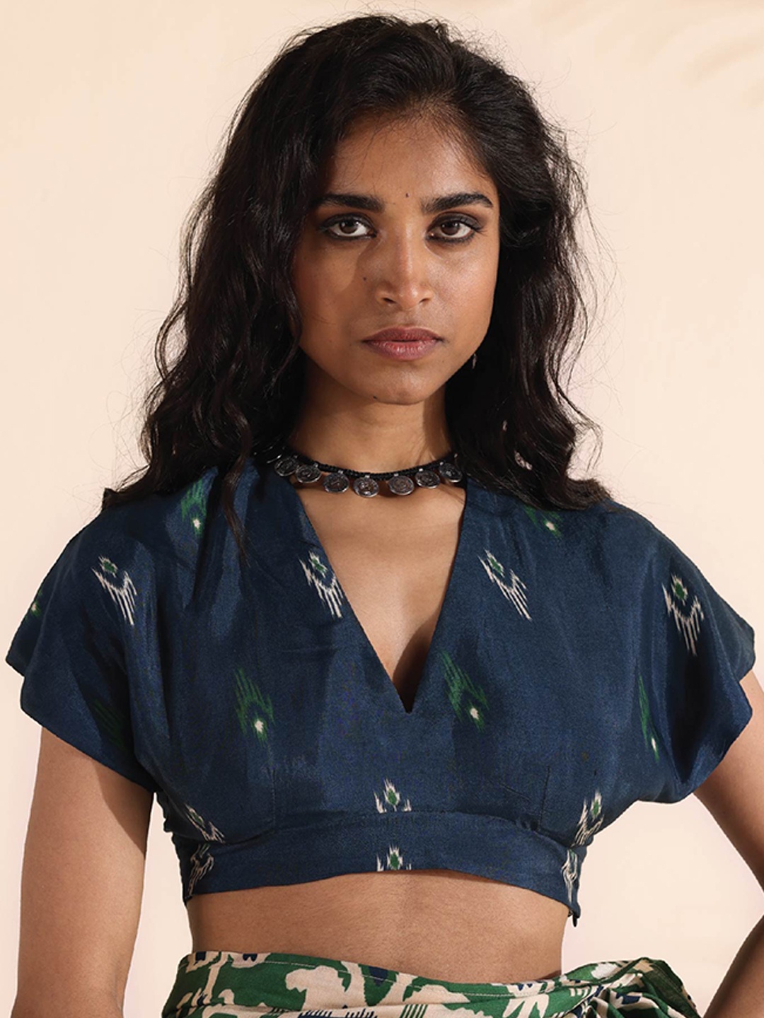 

trueBrowns Ikat Printed Saree Blouse, Blue