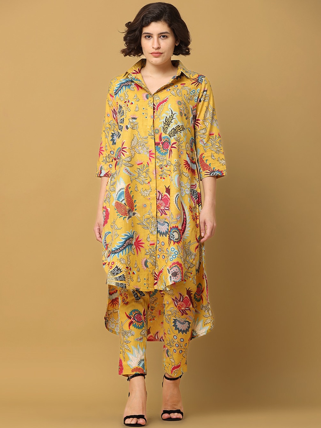 BLACK & BLAH BLAH Relaxed Fit Floral Printed Pure Cotton Kurta and Trouser (Set of 2), Yellow