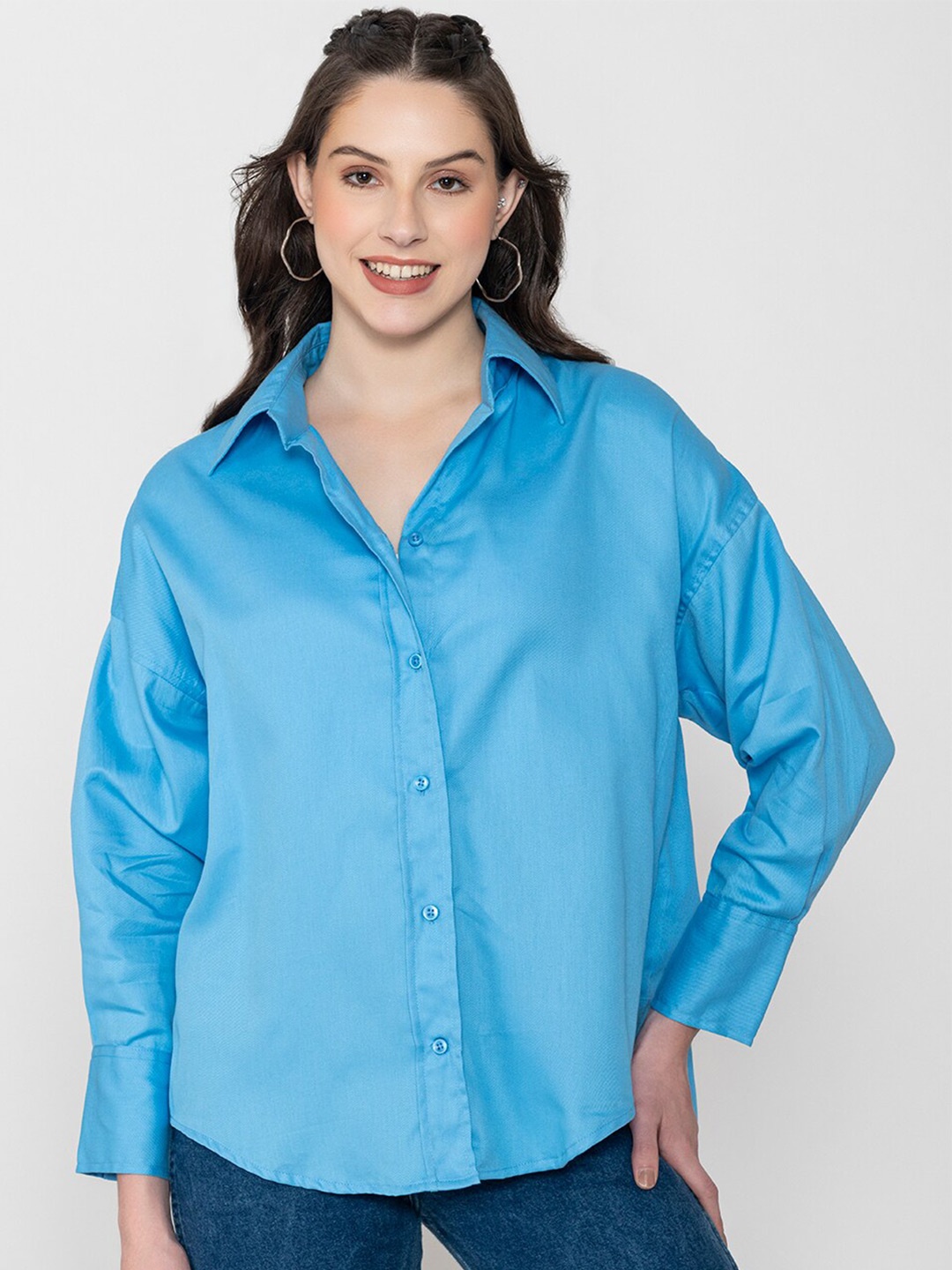 

Lounge Dreams Relaxed Cotton Spread Collar Oversized Curved Casual Shirt, Blue