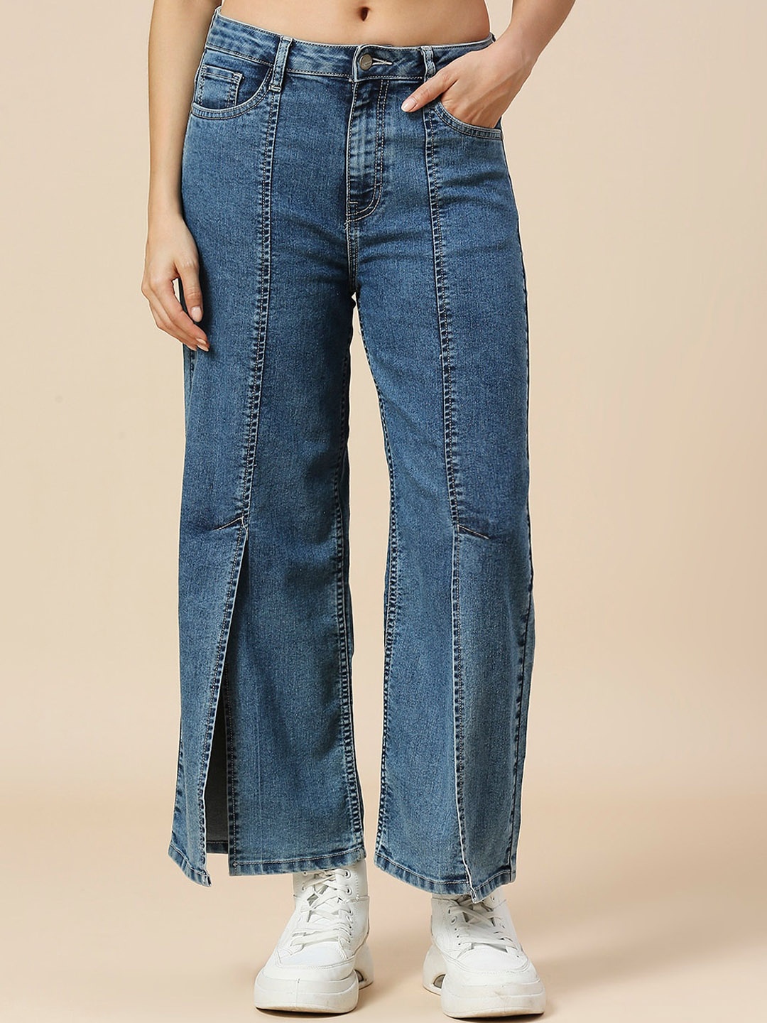 

HJ HASASI Women Comfort Slit Wide Leg High-Rise Jeans, Blue