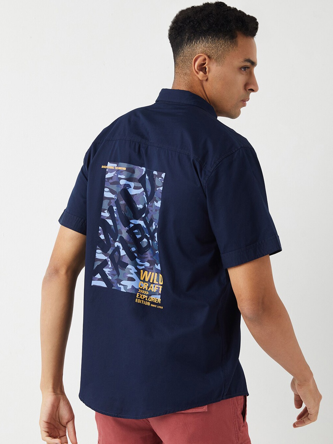 

Wildcraft Relaxed Typography Printed Spread Collar Cotton Casual Shirt, Navy blue