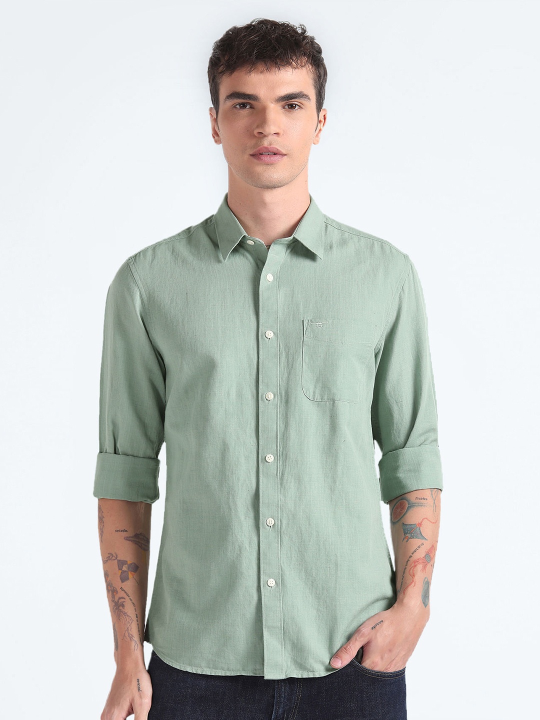 

Flying Machine Slim Fit Cotton Linen Casual Shirt, Green