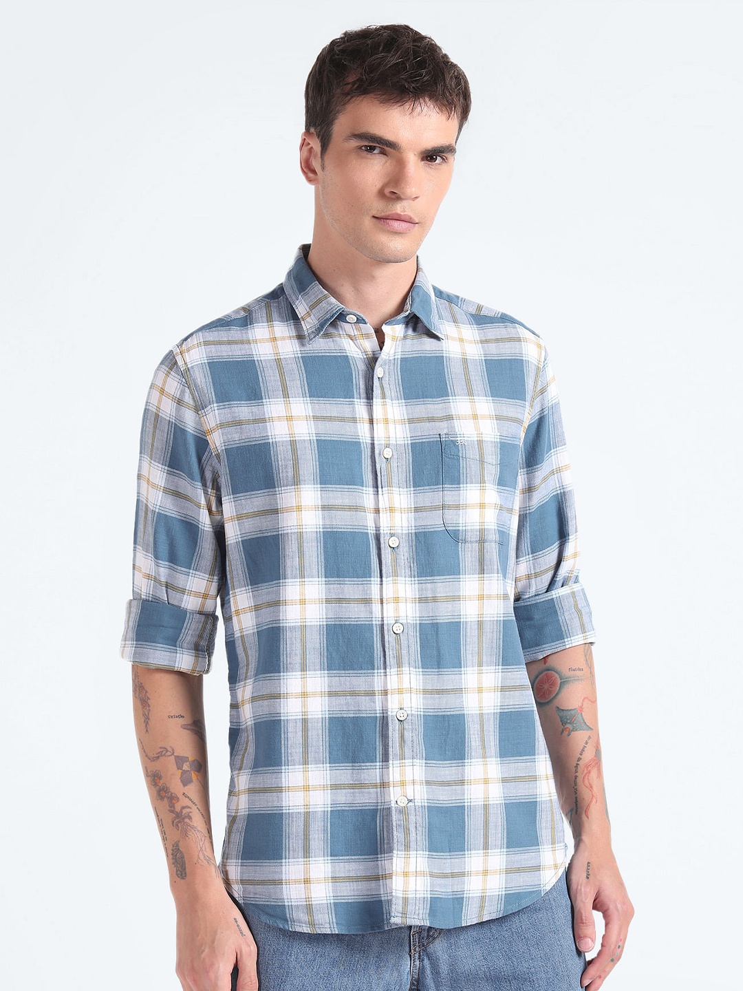 

Flying Machine Slim Fit Tartan Checked Pure Cotton Casual Shirt, Blue