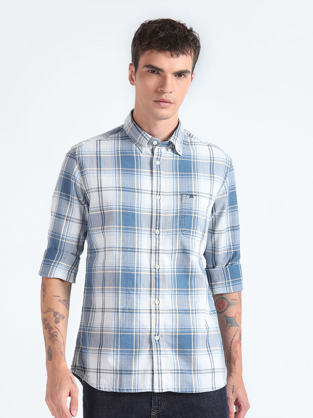 

Flying Machine Slim Fit Tartan Checks Pure Cotton Casual Shirt, Blue