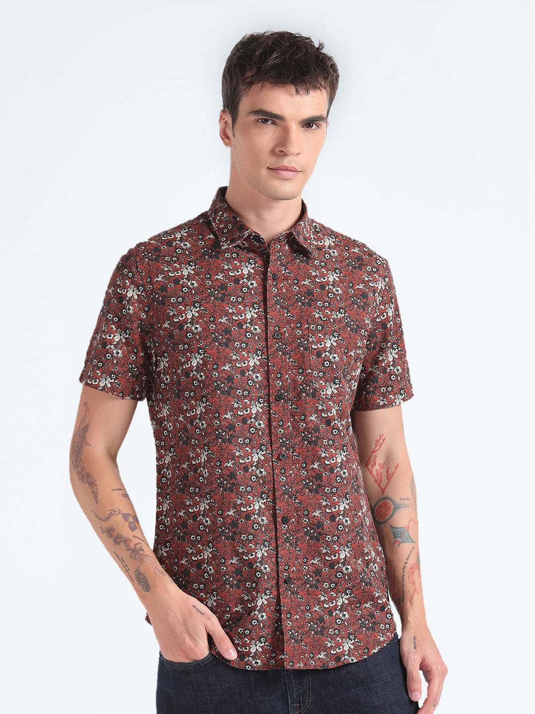 

Flying Machine Slim Fit Floral Printed Cotton Linen Casual Shirt, Brown