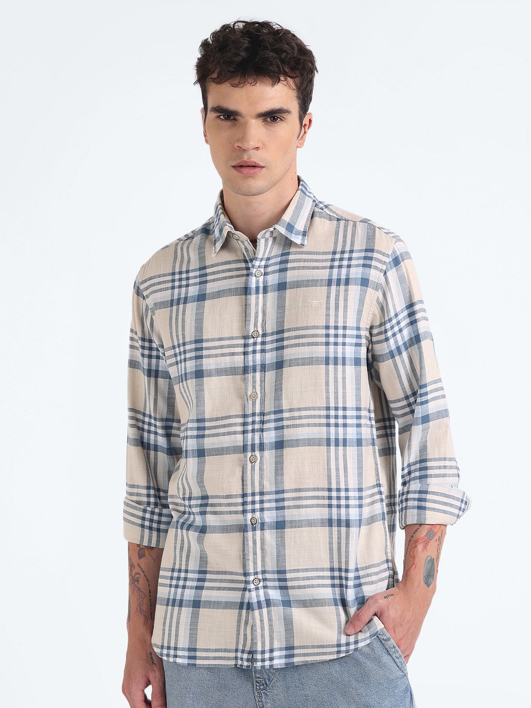 

Flying Machine Slim Fit Tartan Checks Twill Pure Cotton Casual Shirt, Beige