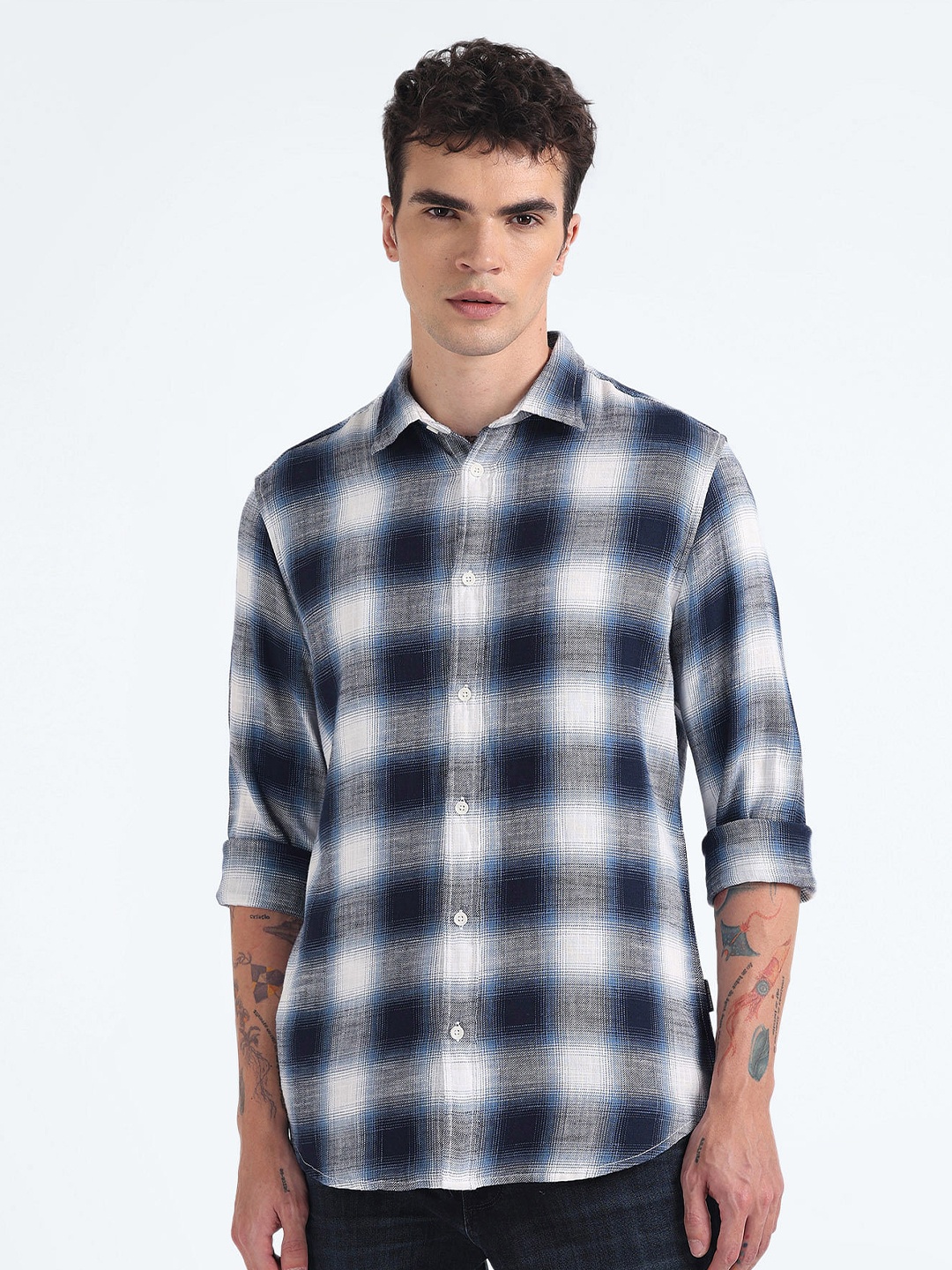 

Flying Machine Slim Fit Tartan Checks Pure Cotton Casual Shirt, Blue