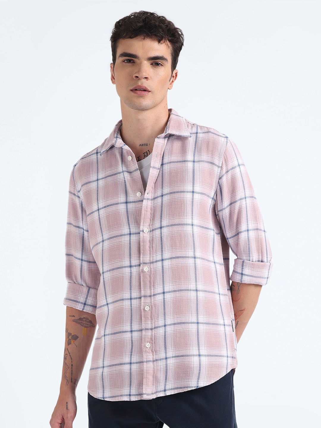 

Flying Machine Slim Fit Tartan Checks Pure Cotton Casual Shirt, Pink