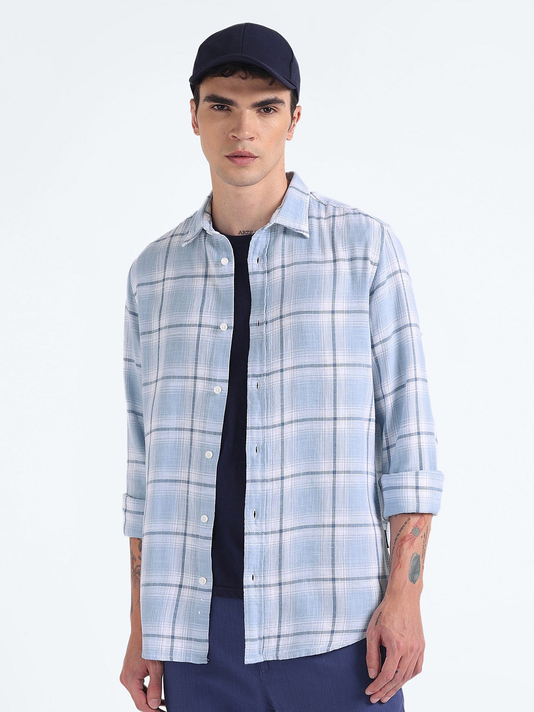

Flying Machine Slim Fit Checked Pure Cotton Casual Shirt, Blue
